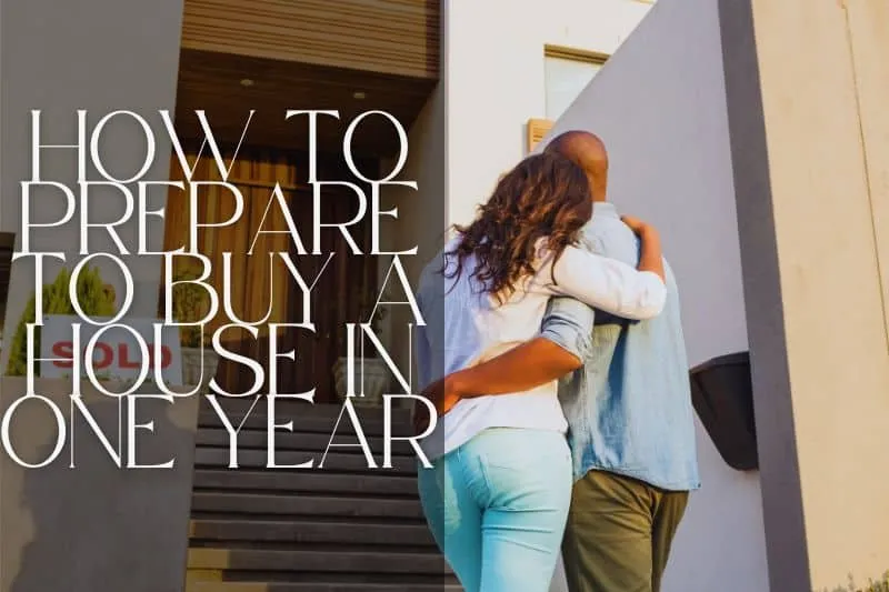 How to prepare to buy a house in one year: A couple hugging on the stairs in front of their new home they just purchased.